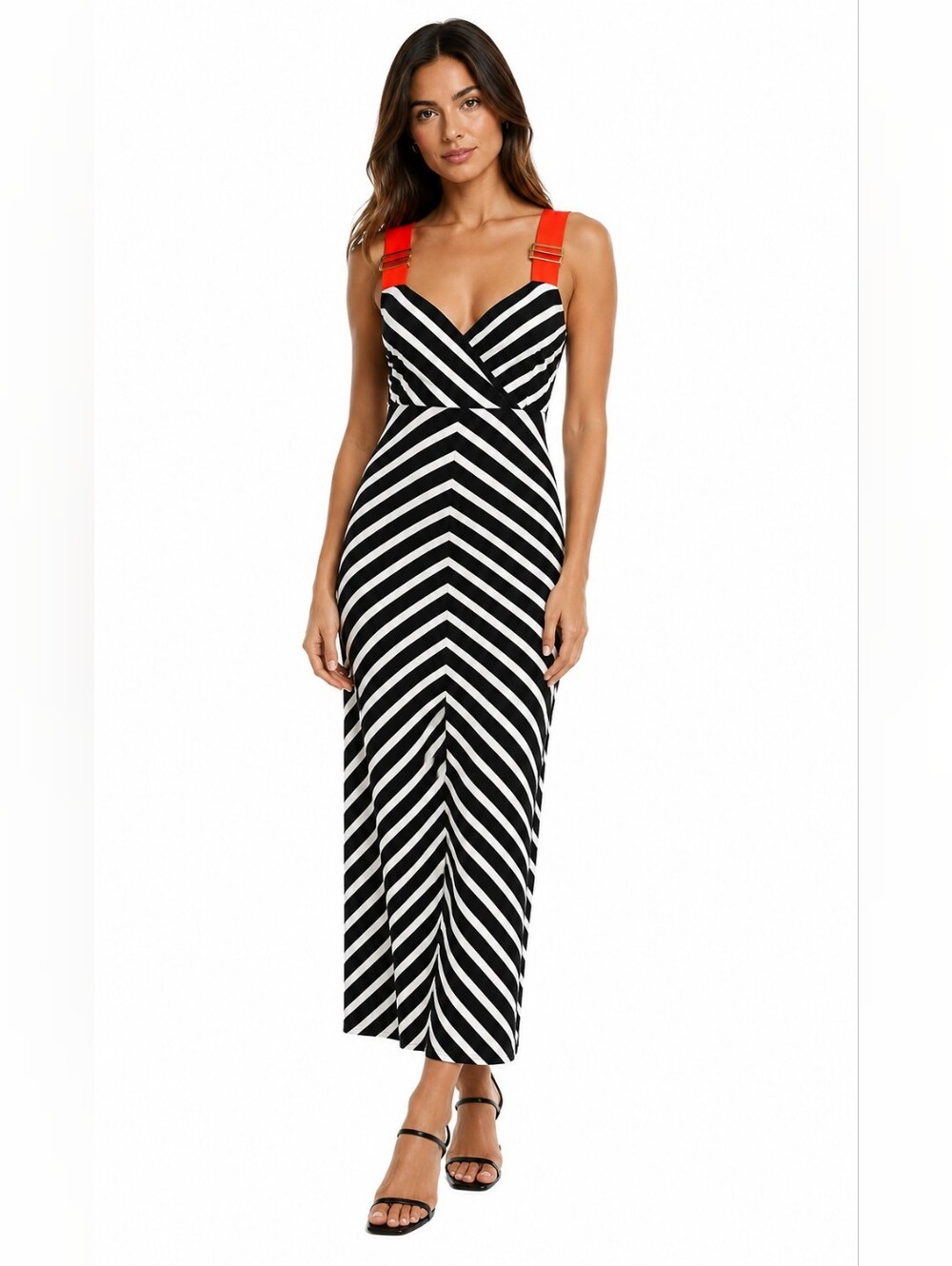 Ted Baker Women’s Size 0 Black White Chevron Stripe Maxi Dress orange Straps